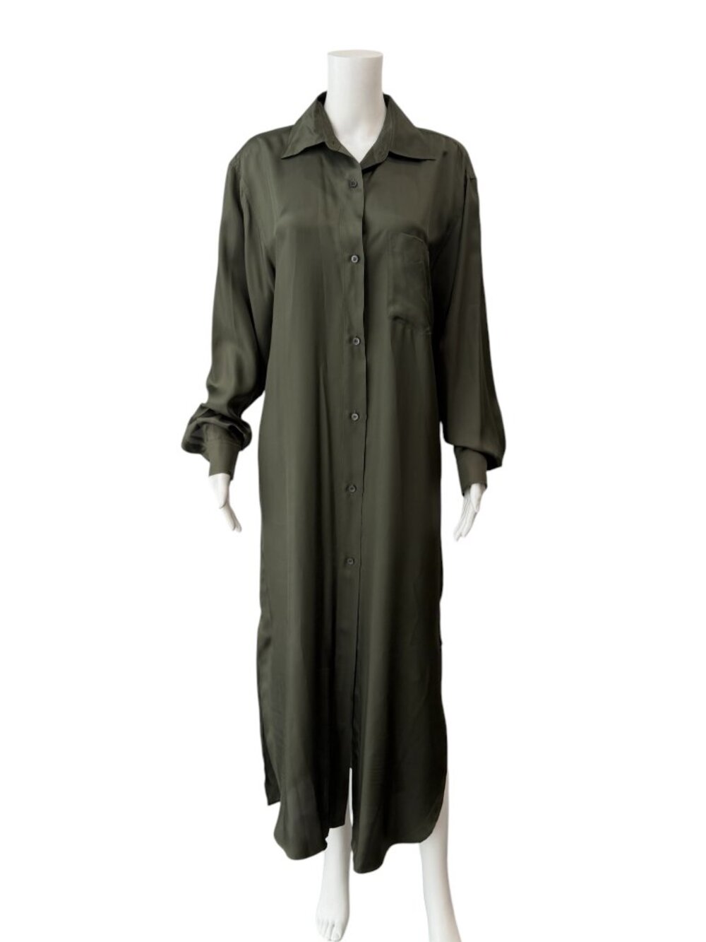 $915 Dries Van Noten Green Satin Button Dayley Shirt Dress size Small